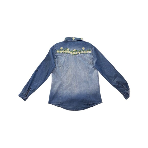 I Love Ronson Embroidered Daisy Denim Button Snap Roll Tab Shirt Women's Small - Picture 7 of 12